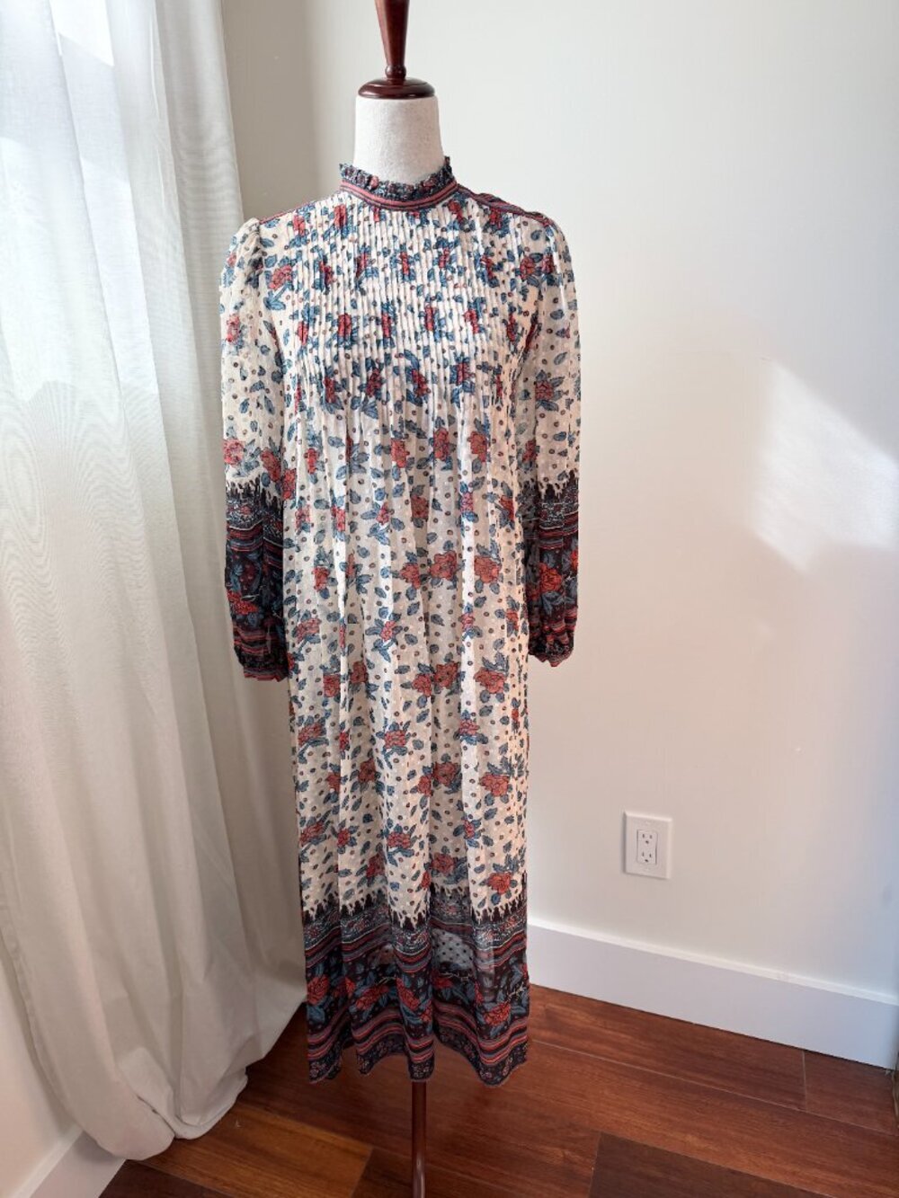 Ulla Johnson Silk Floral Pleated Boho Midi Dress Size 0 Long Sleeve - Picture 2 of 7